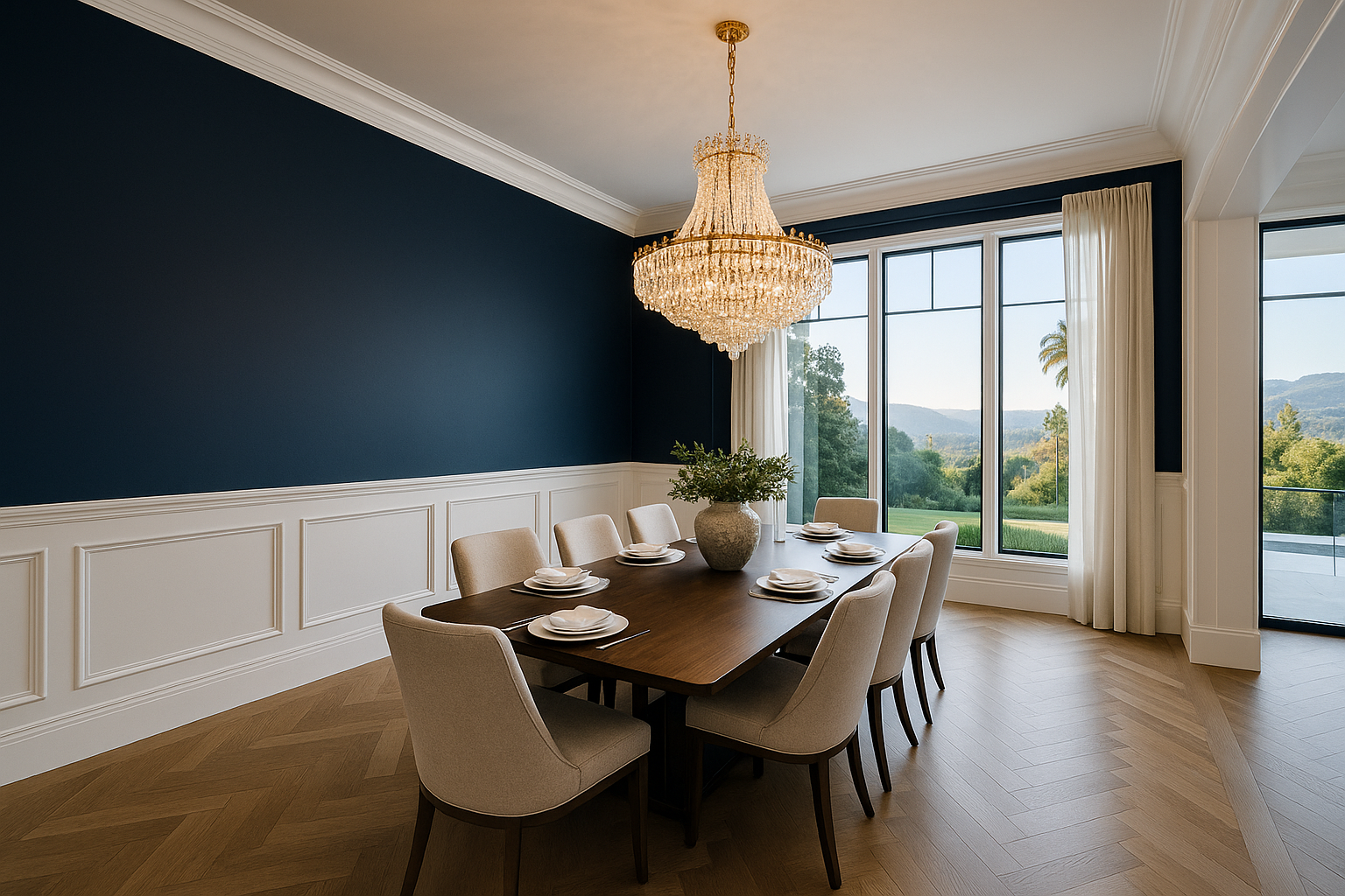 Luxury dining room in Beverly Hills with professionally painted navy blue accent wall and white wainscoting, illuminated by natural light.