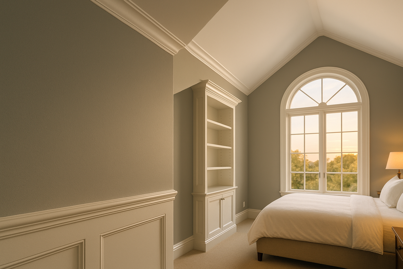 Beverly Hills bedroom with vaulted ceilings, soft gray walls, and custom built-ins, highlighting professional painting finishes.