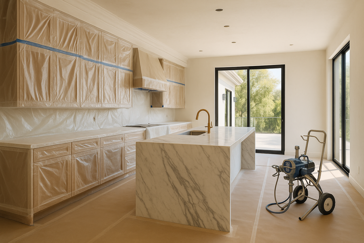 Luxury Beverly Hills kitchen renovation in progress, showcasing a Calacatta marble island and surfaces prepped for professional painting.