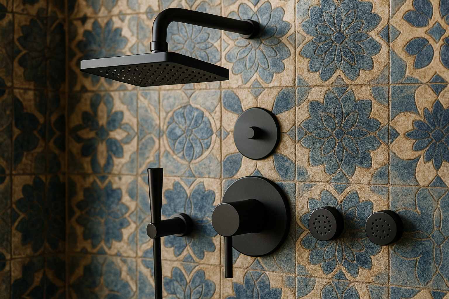 Close-up of luxurious matte black bathroom fixtures against hand-painted Moroccan tile in a Santa Monica condo.