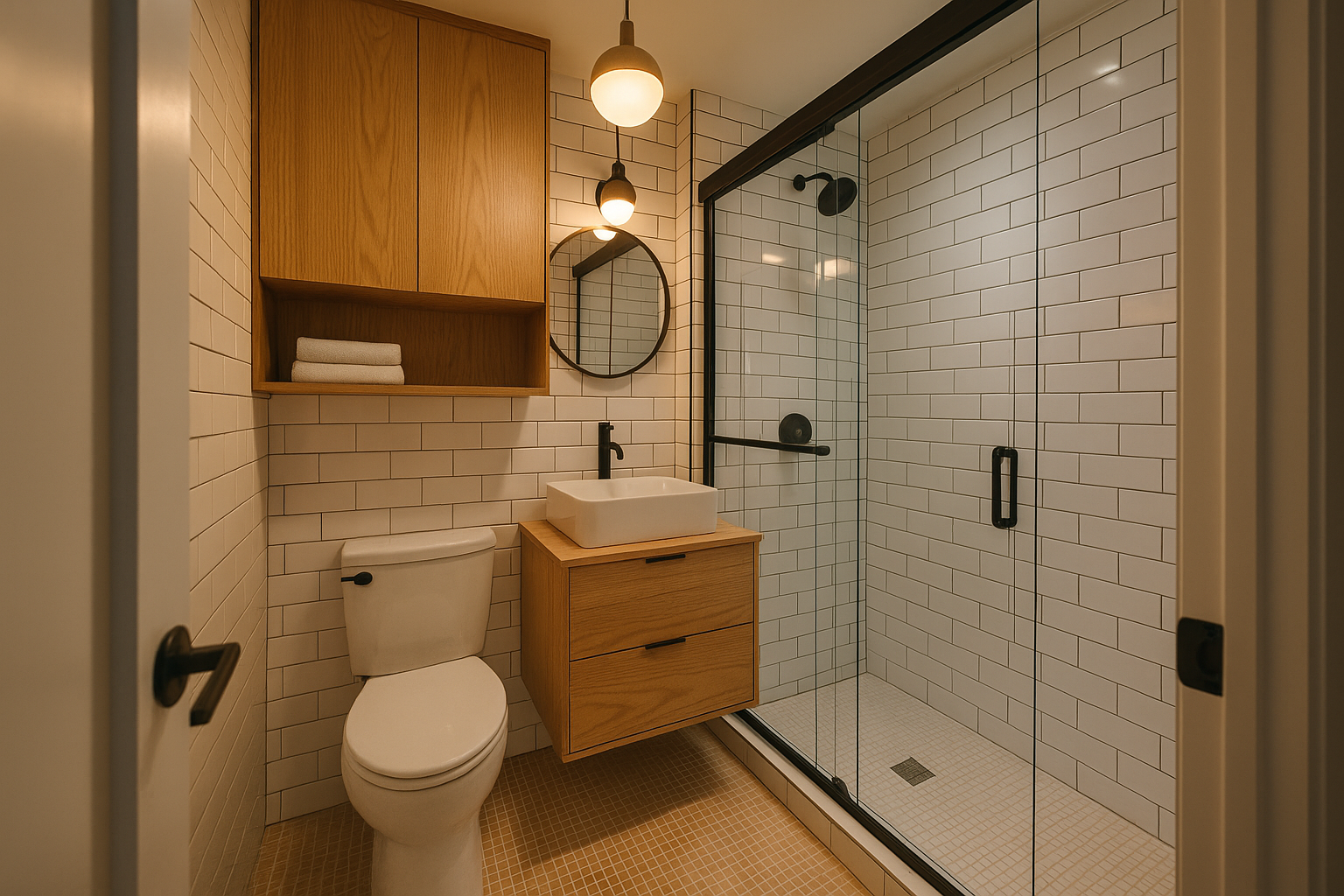 Space-optimized condo bathroom with white oak storage and frameless glass shower in Santa Monica.