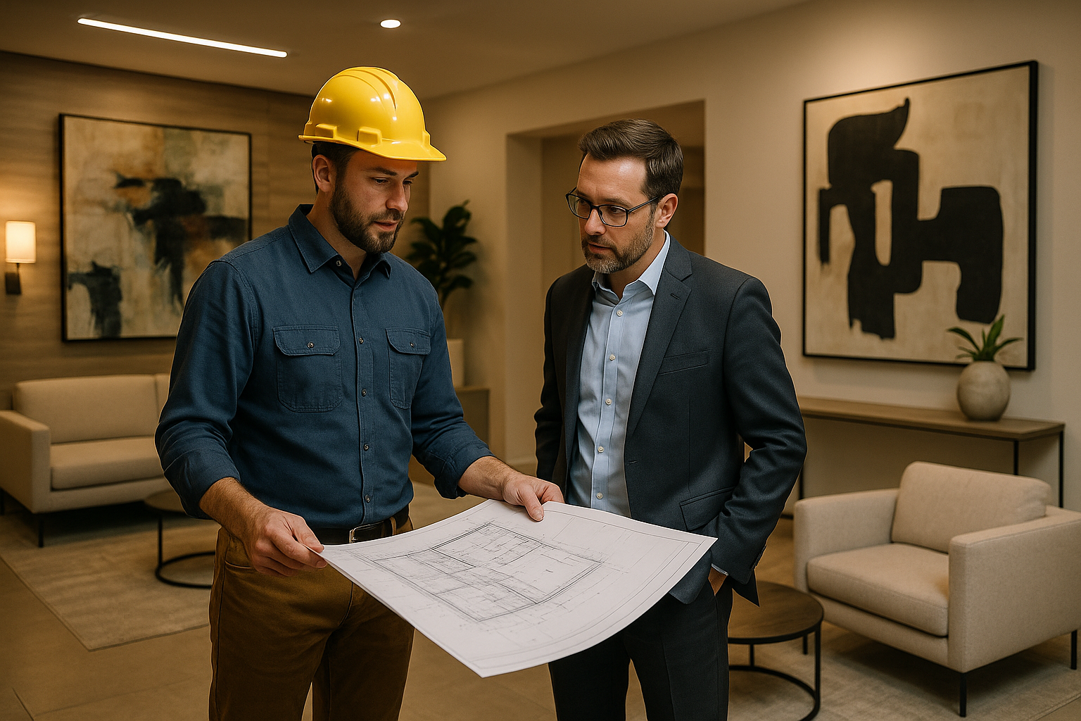 Contractor discussing renovation plans with building management in a modern Santa Monica condo lobby.