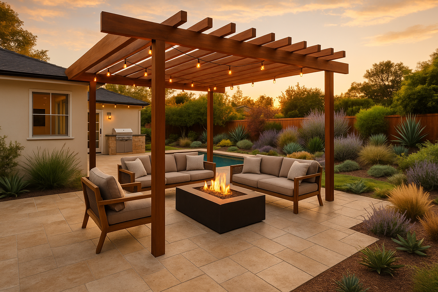 Studio City outdoor patio remodel with teak pergola, travertine flooring, and drought-tolerant landscaping.