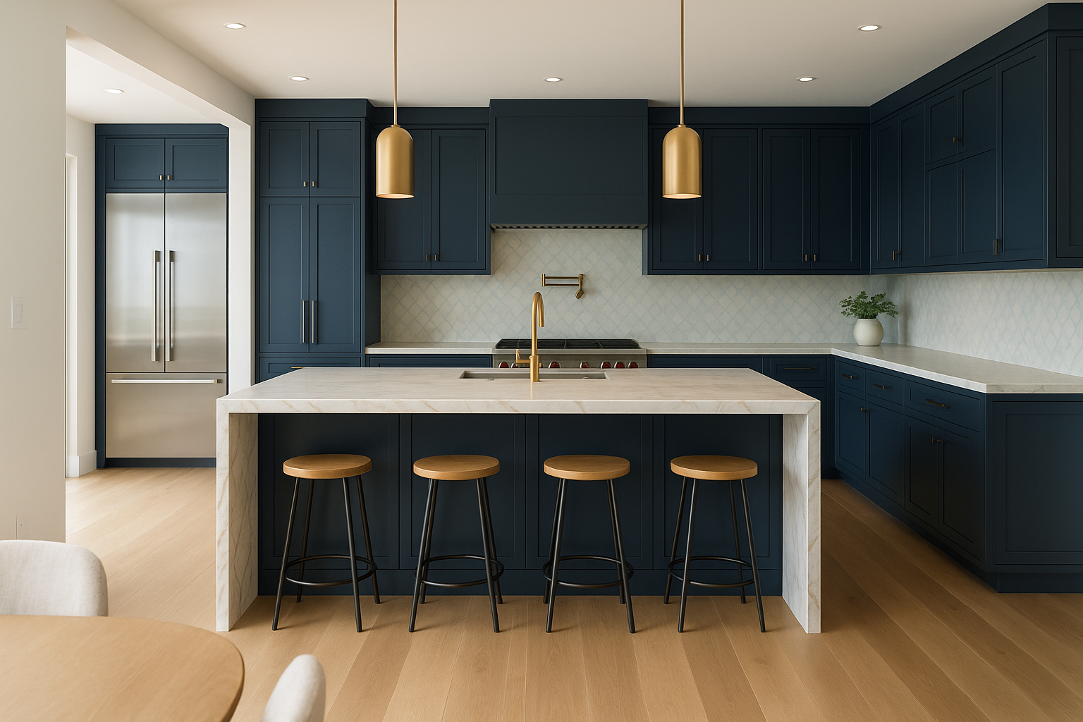 Luxury kitchen remodel in Santa Monica featuring Calacatta gold marble, Wolf and Sub-Zero appliances, and custom cabinetry.