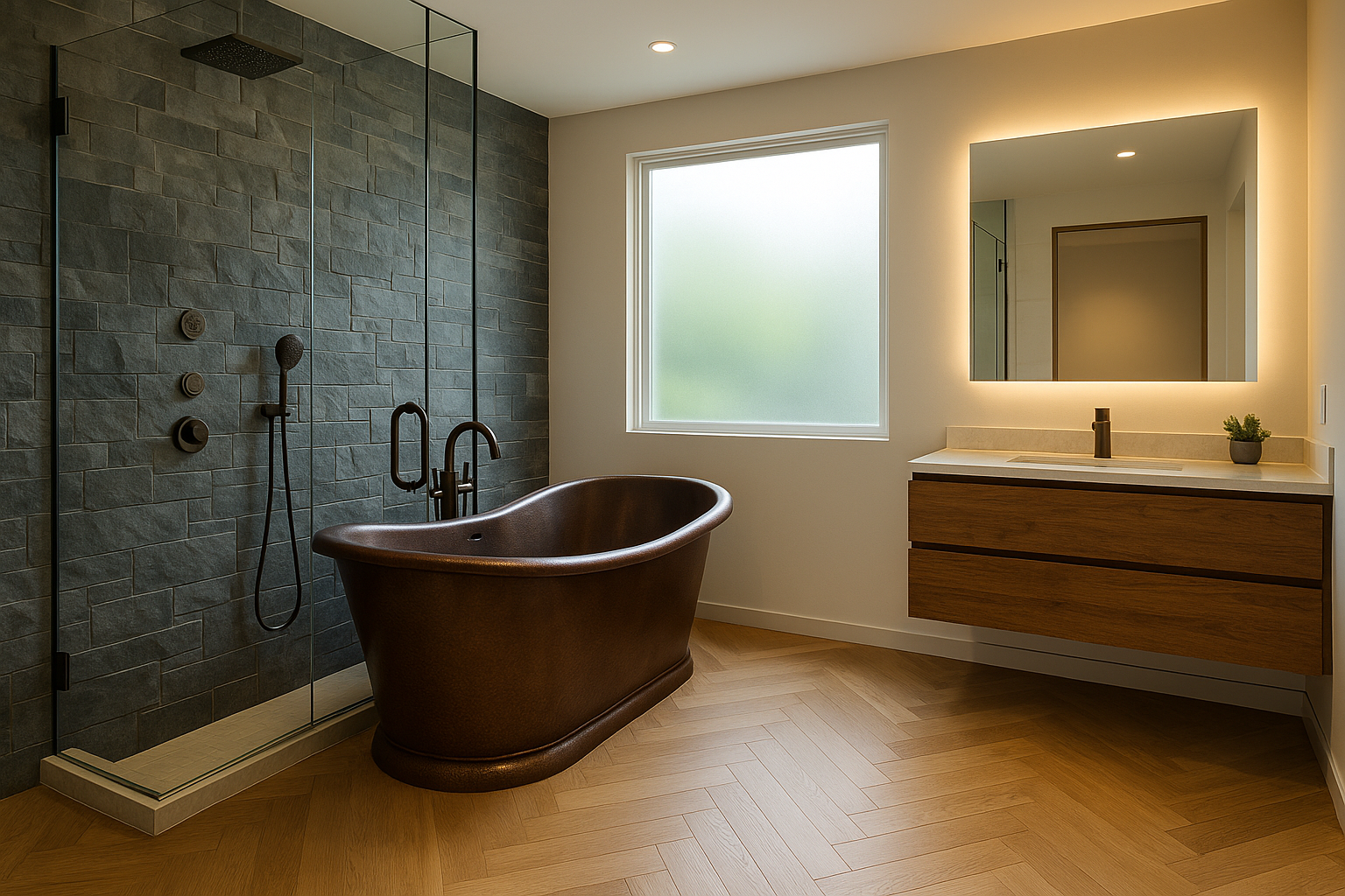 Santa Monica spa-style bathroom remodel with a copper soaking tub, stone accent wall, and rainfall shower.