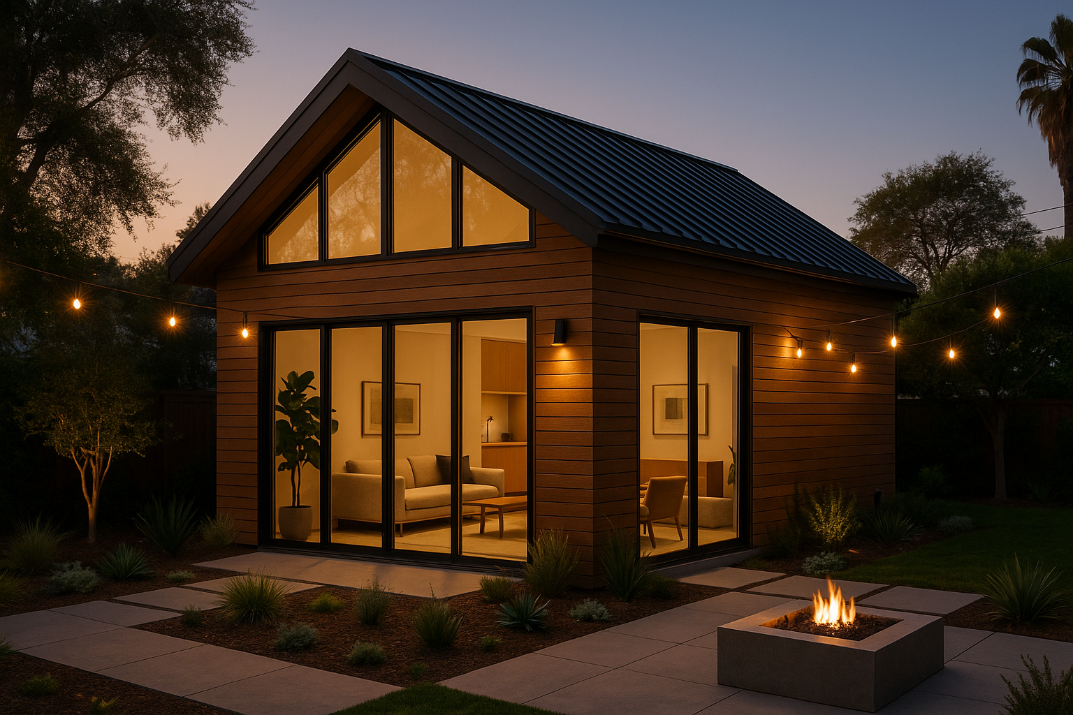 Modern ADU in Santa Monica with cedar siding, clerestory windows, and a landscaped patio at dusk.