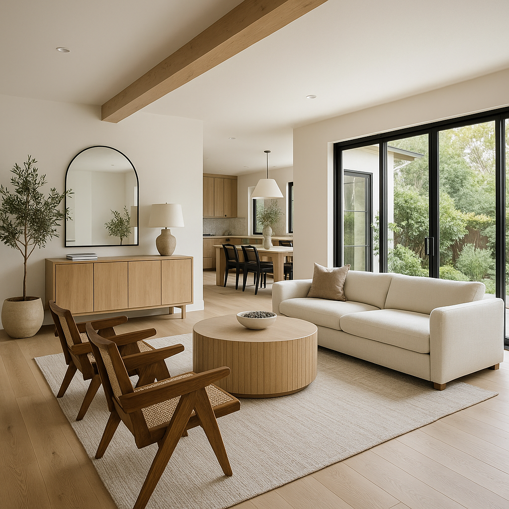 Modern living room in Northridge, California, with sealed windows and a gas fireplace for winter preparation.