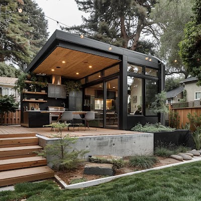 Garage-conversion ADU with polished concrete floors, luxurious kitchenette, and spa-style bathroom in Los Altos, California.