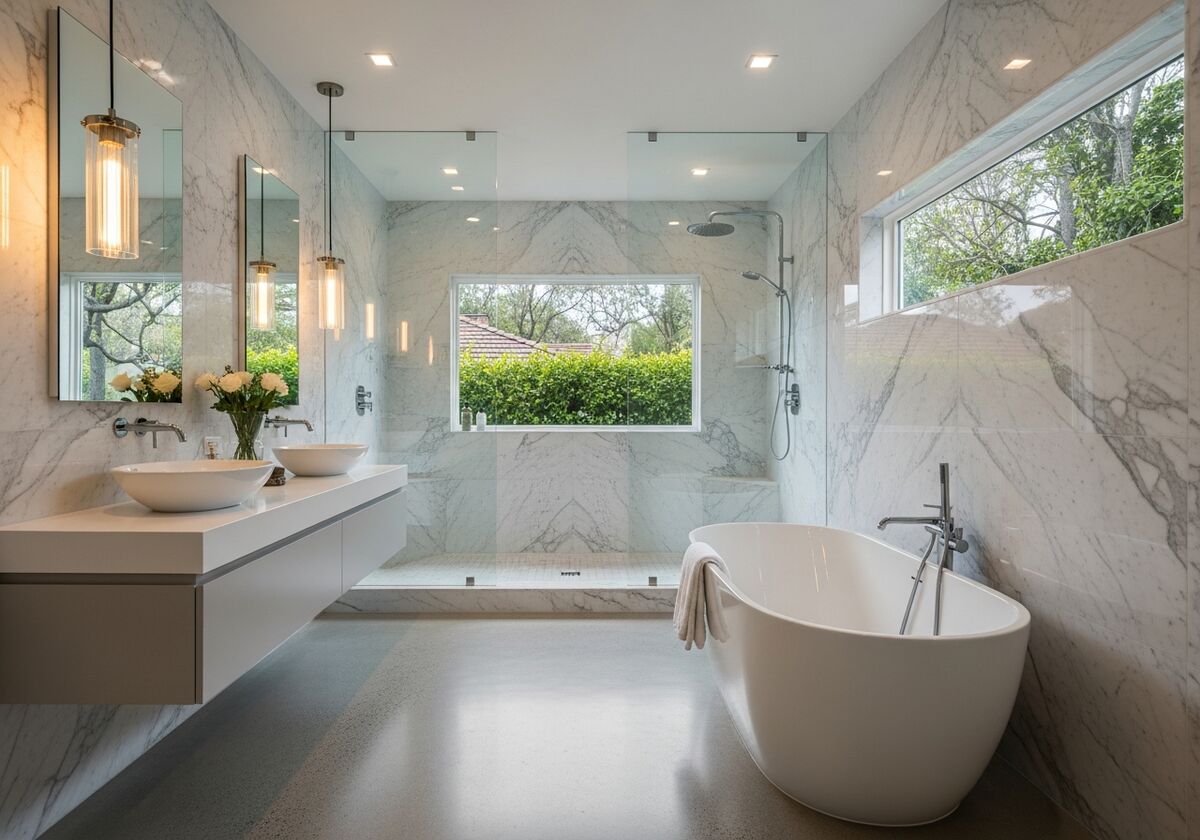 Brentwood bathroom remodel with a walk-in shower, reclaimed wood vanity, and LED lighting.