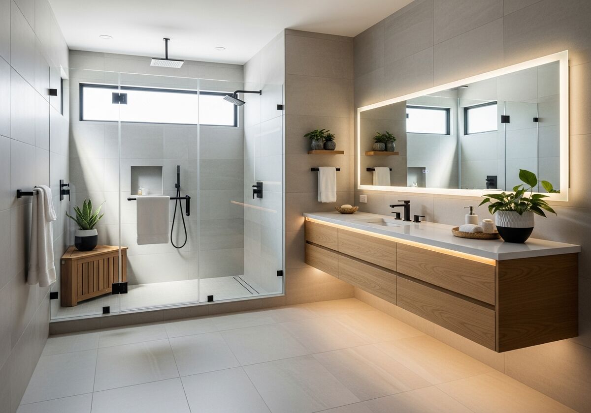 Mid-range bathroom remodel in Los Angeles with subway tile shower, brushed nickel fixtures, and wood-look tile flooring.
