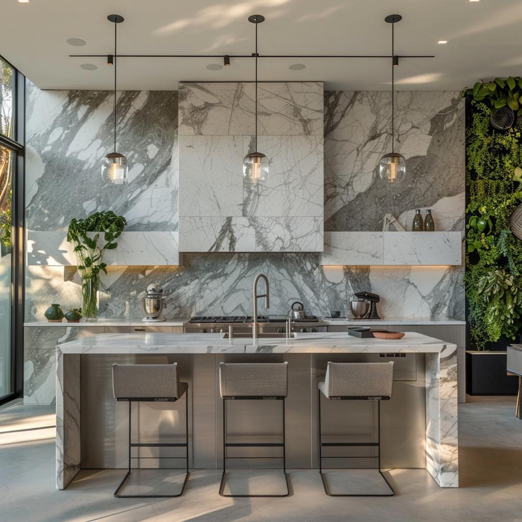 Close-up of a high-end kitchen remodel process in Los Angeles with quartz countertop installation and Wolf gas range.