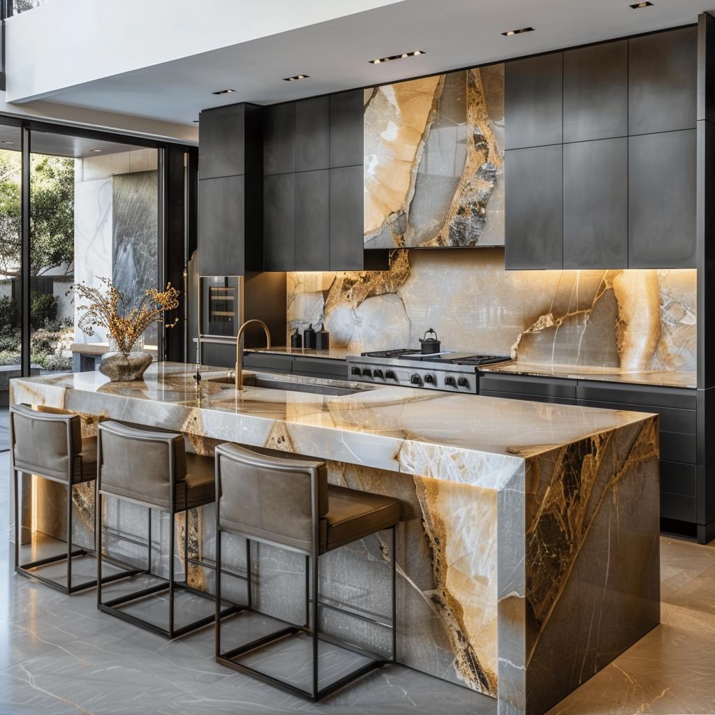 Modern kitchen in Santa Monica with custom cabinetry, brass hardware, and a glossy subway tile backsplash.