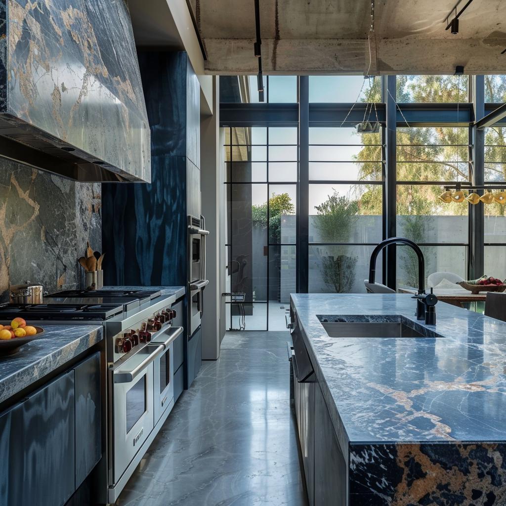 Compact modern kitchen with multi-functional furniture and space-saving design in a West LA apartment.