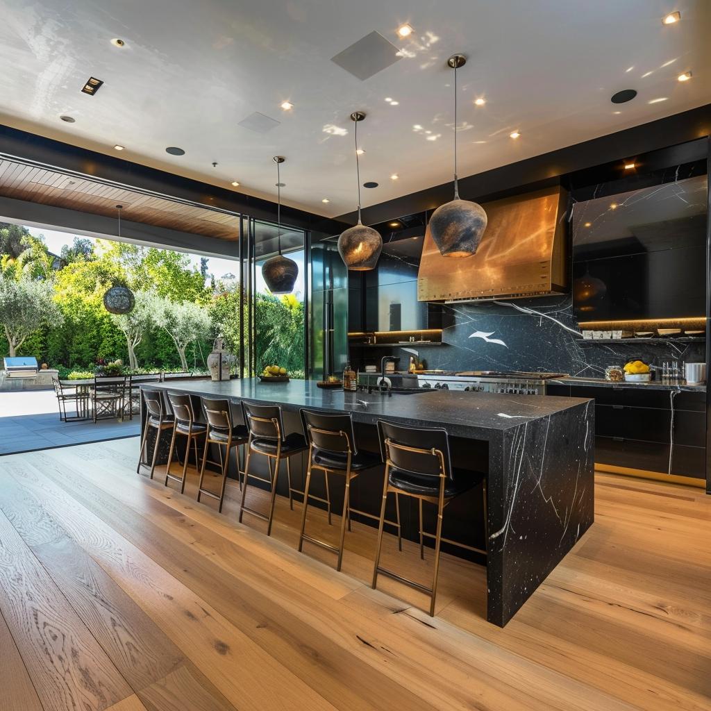 Luxurious kitchen in Beverly Hills with a crystal chandelier, Sub-Zero appliances, and a reclaimed wood dining table.