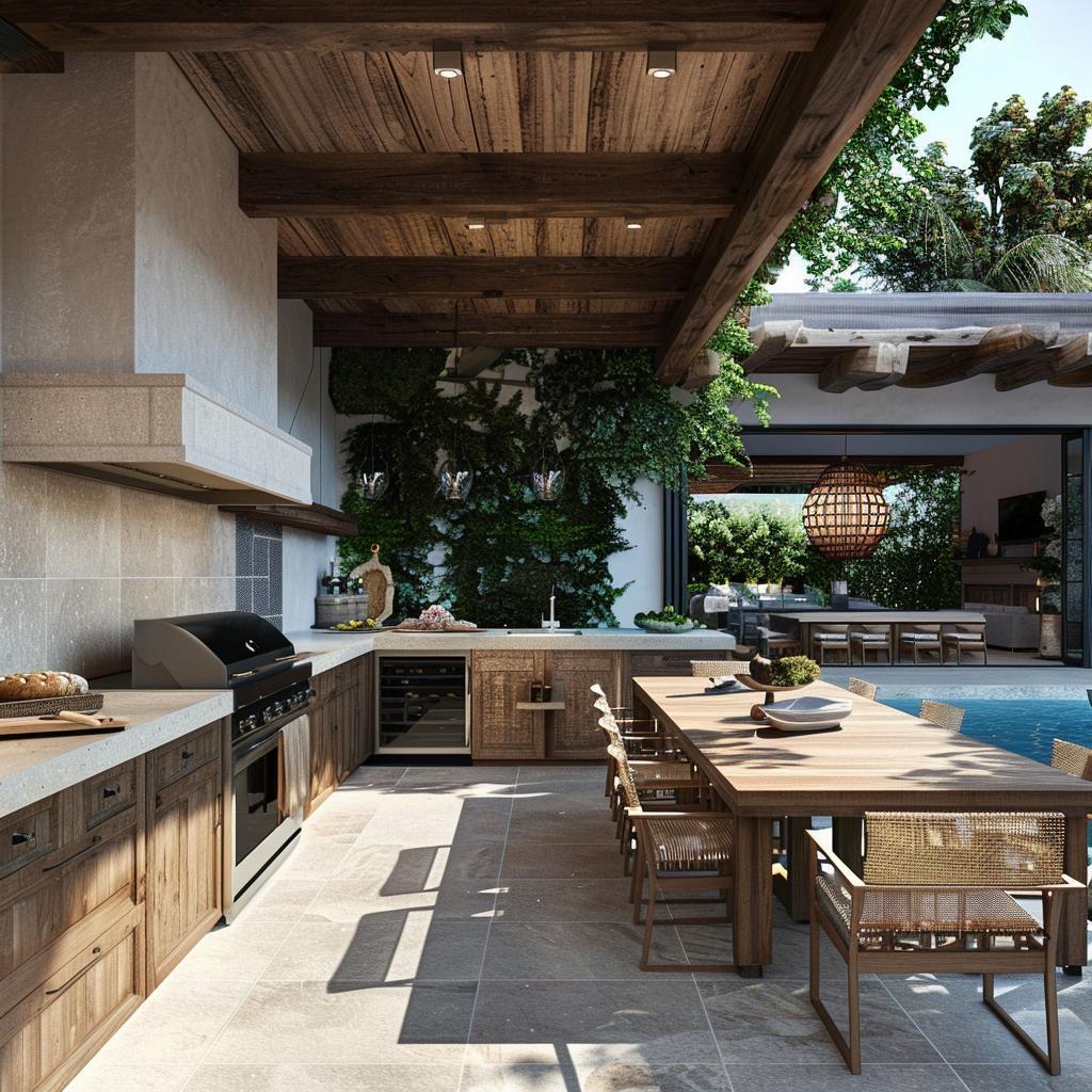 Cozy outdoor fire pit area with built-in seating and string lights in San Fernando Valley, California.