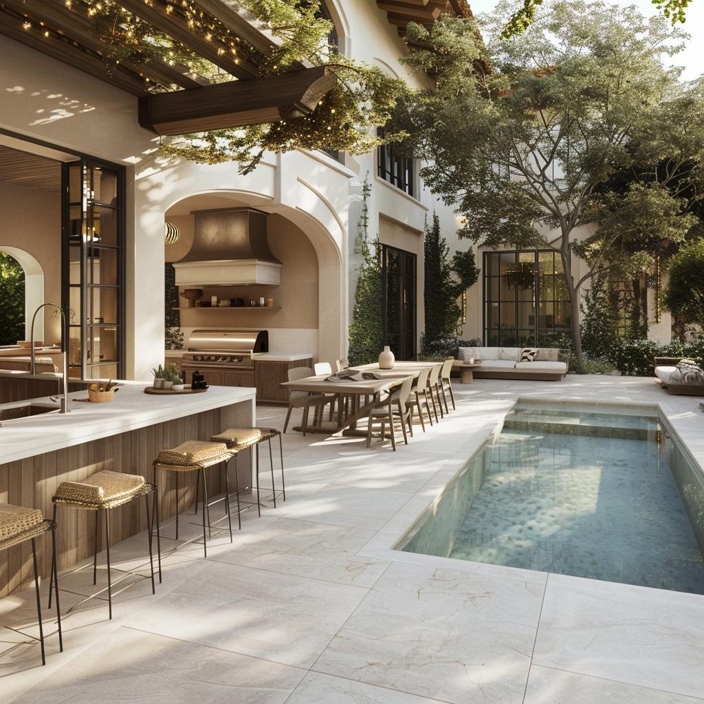 Modern poolside lounge with infinity-edge pool and composite decking in San Fernando Valley, California.