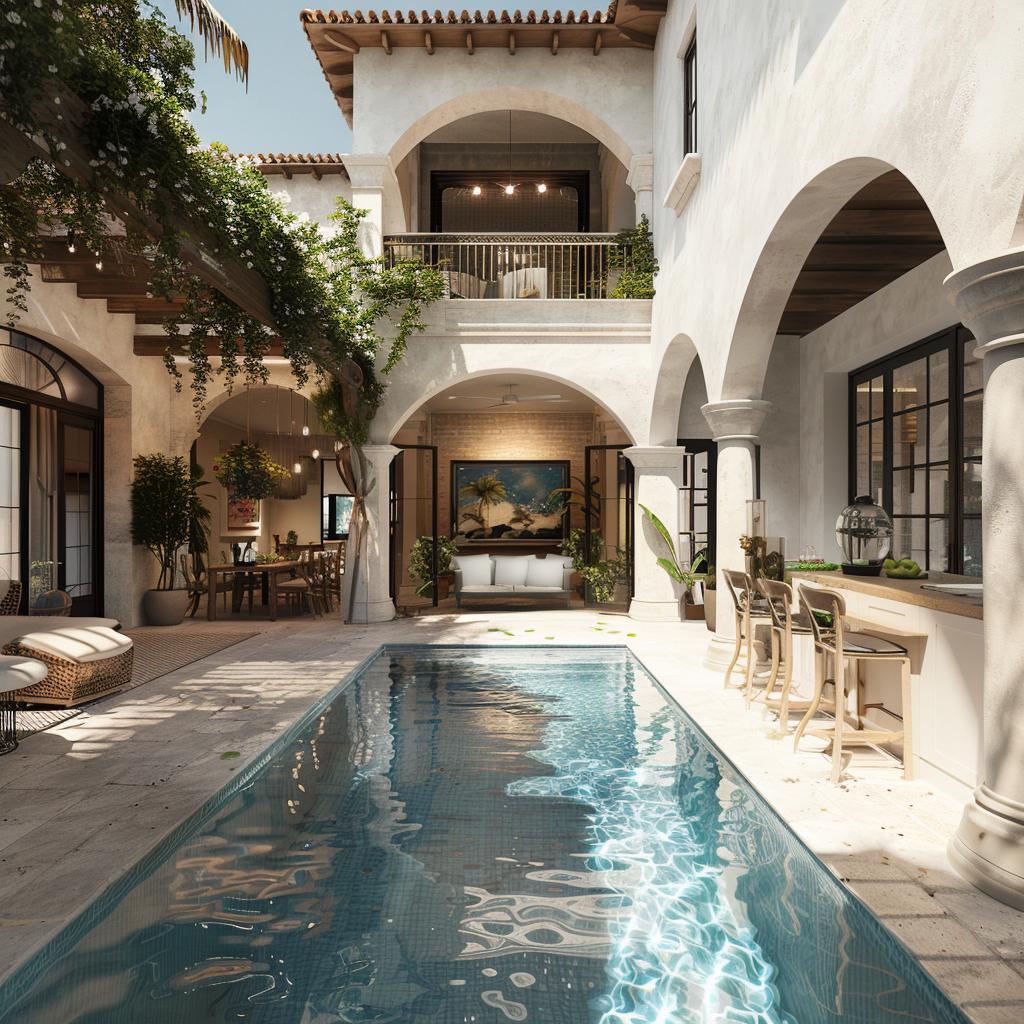 Elegant patio with porcelain tiles and aluminum pergola designed for high temperatures in San Fernando Valley, California.