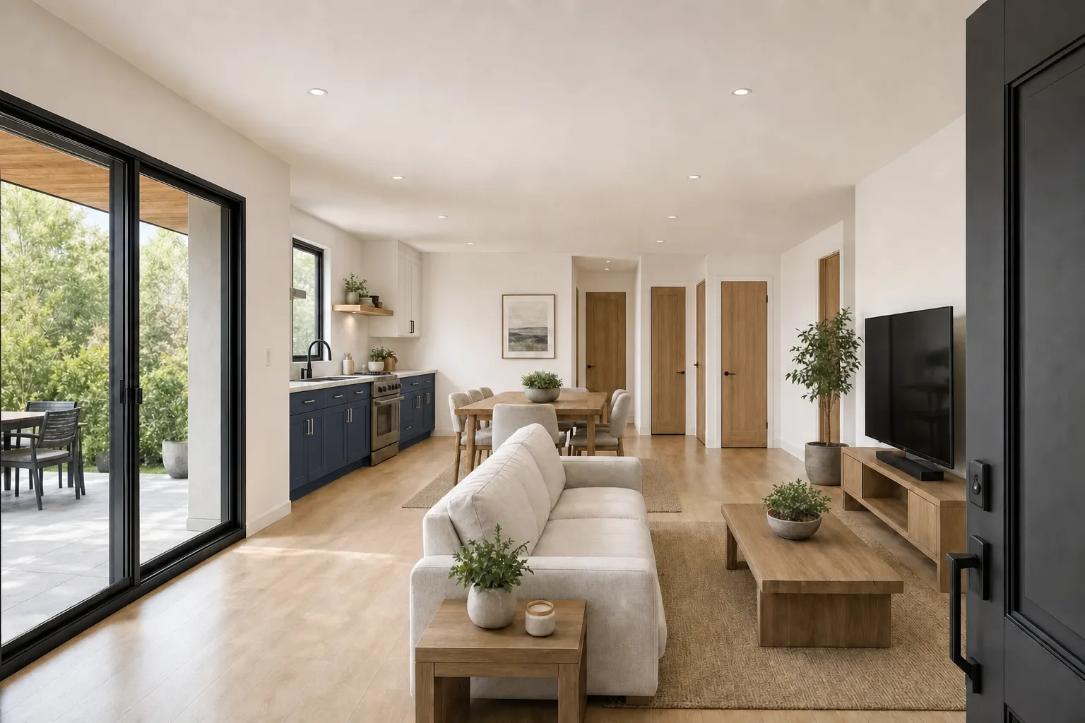 The 1000, kitchen and living in navy & white (design concept rendering)