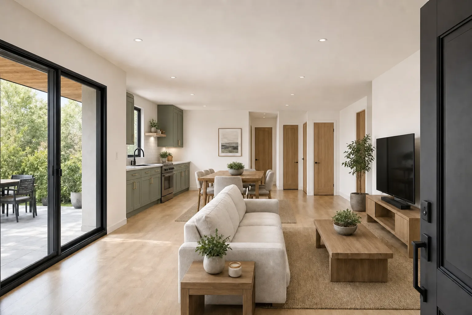 The 1000, kitchen and living in sage green (design concept rendering)