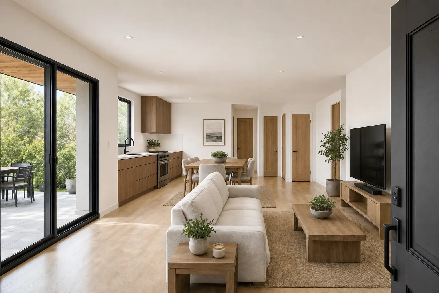 The 1000, kitchen and living in walnut (design concept rendering)