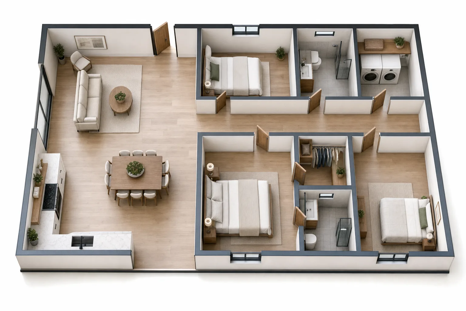 The 1000, Three bed, two bath: 3D cutaway floor plan with furniture (design concept rendering)