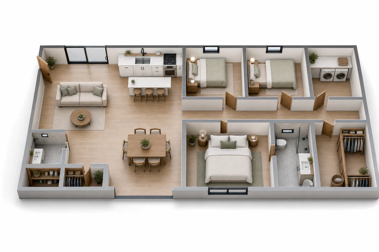 The 1000, Three bed, two bath, 20 ft wide: 3D cutaway floor plan with furniture (design concept rendering)