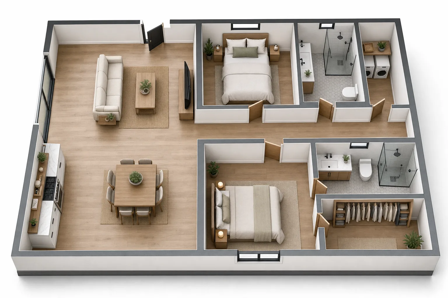 The 1000, Two bed, two bath: 3D cutaway floor plan with furniture (design concept rendering)