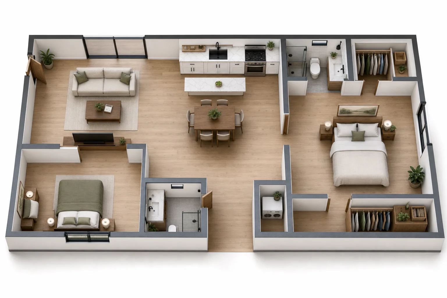 The 1000, Two bed, two bath, 25 ft wide: 3D cutaway floor plan with furniture (design concept rendering)