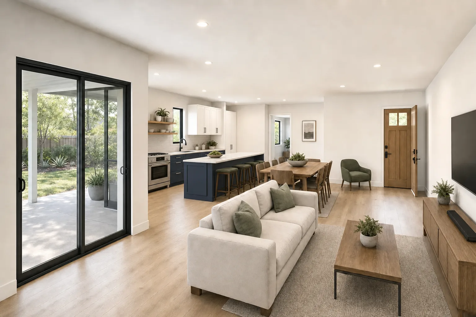 The 1200, kitchen and living in navy & white (design concept rendering)