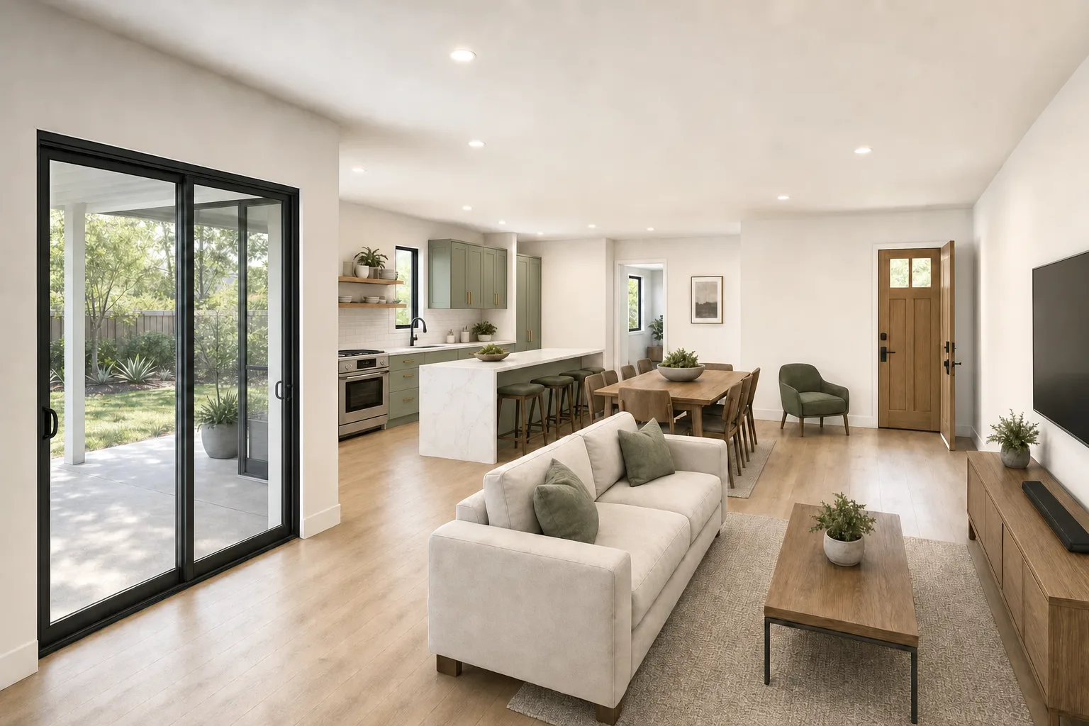 The 1200, kitchen and living in sage green (design concept rendering)