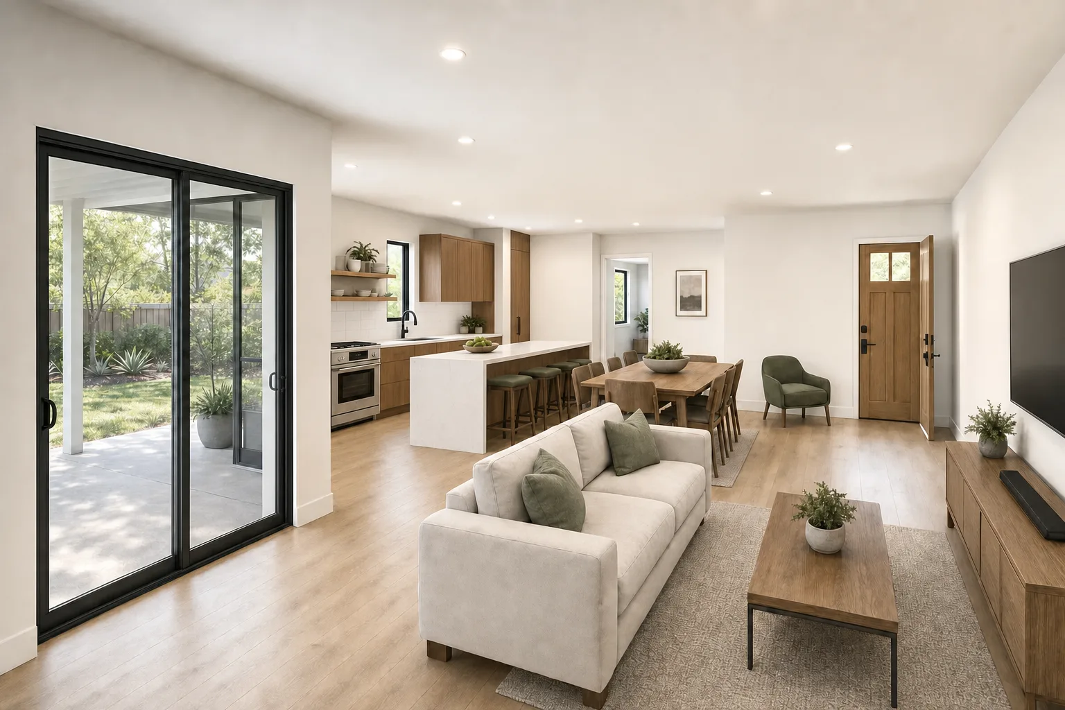 The 1200, kitchen and living in walnut (design concept rendering)