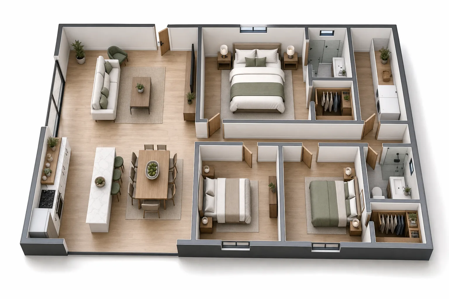 The 1200, Three bed, two bath: 3D cutaway floor plan with furniture (design concept rendering)