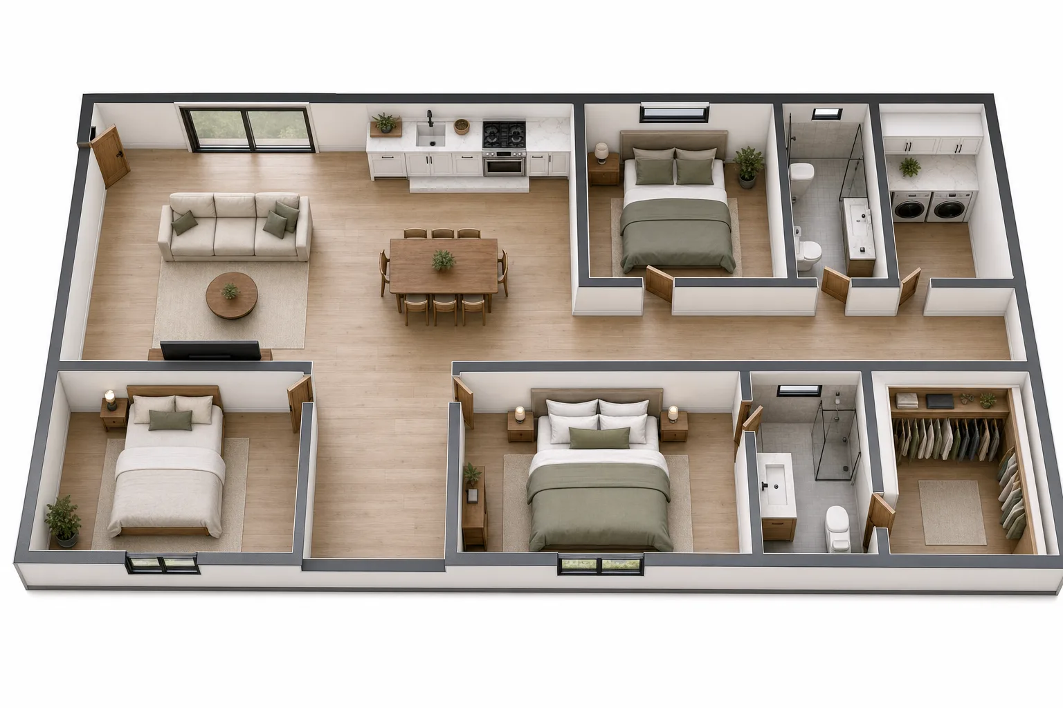 The 1200, Three bed, two bath, 25 ft wide: 3D cutaway floor plan with furniture (design concept rendering)