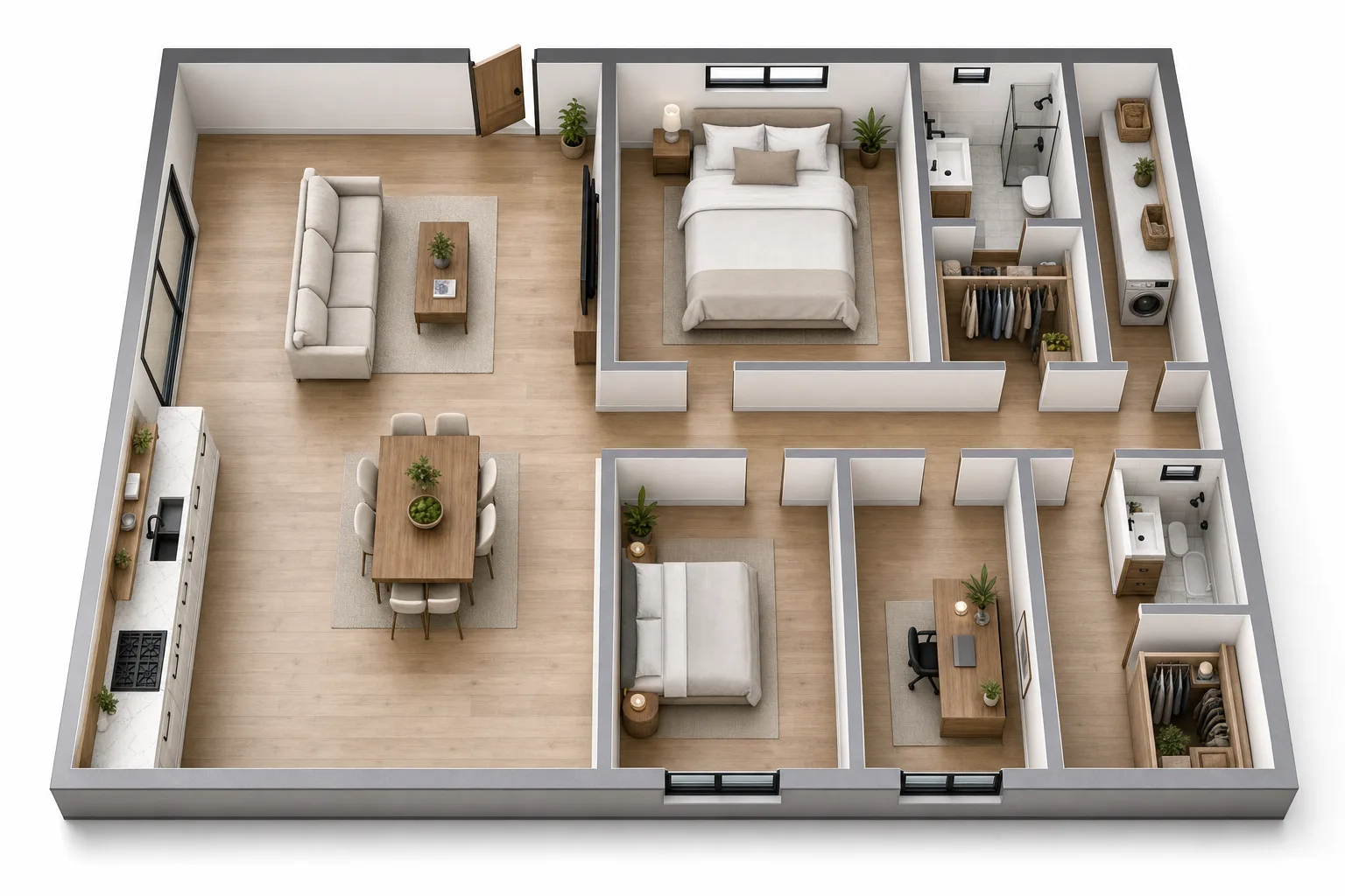 The 1200, Two bed, two bath + office: 3D cutaway floor plan with furniture (design concept rendering)