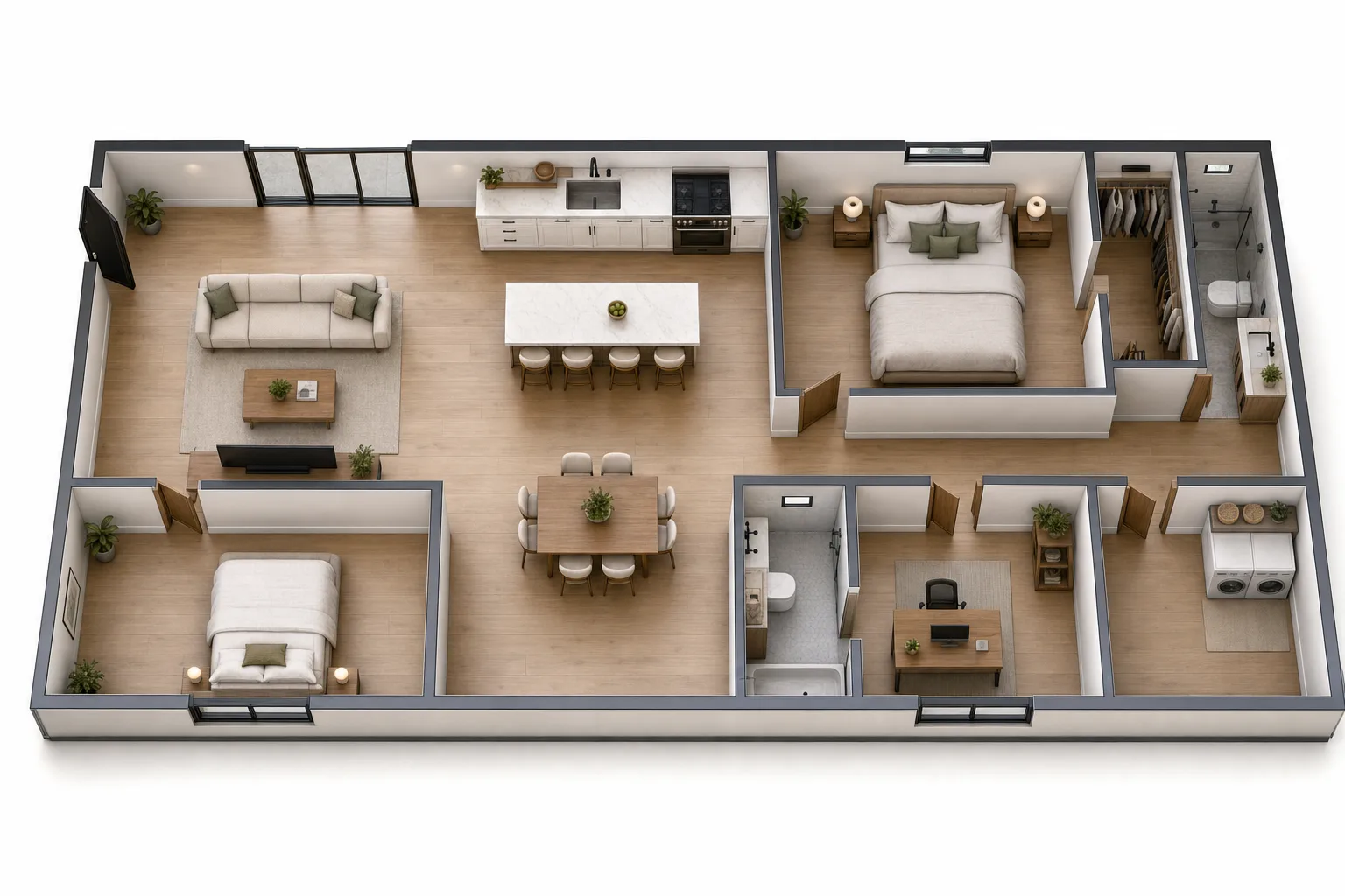 The 1200, Two bed, two bath + office, 24 ft wide: 3D cutaway floor plan with furniture (design concept rendering)