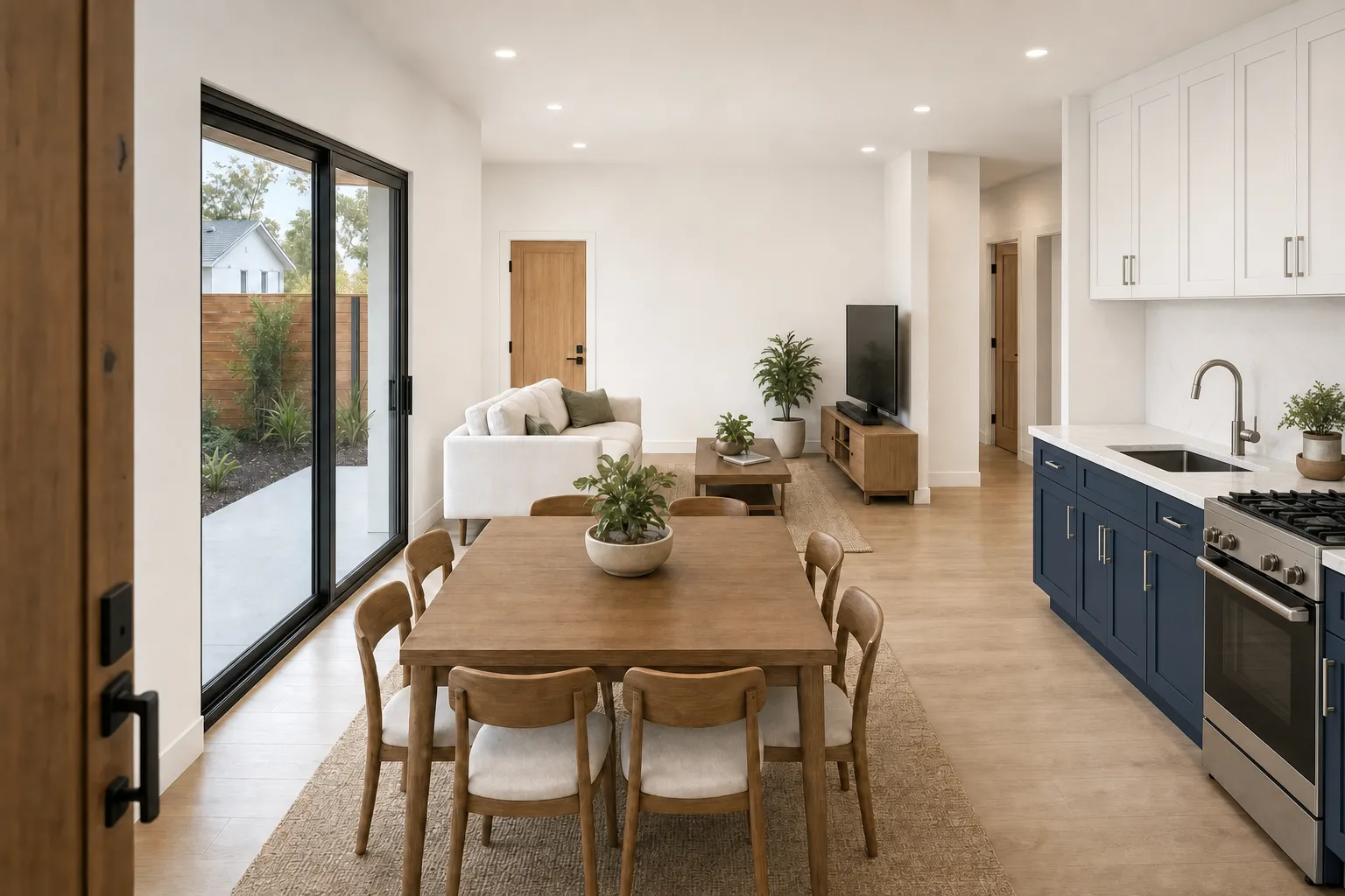The 600, kitchen and living in navy & white (design concept rendering)