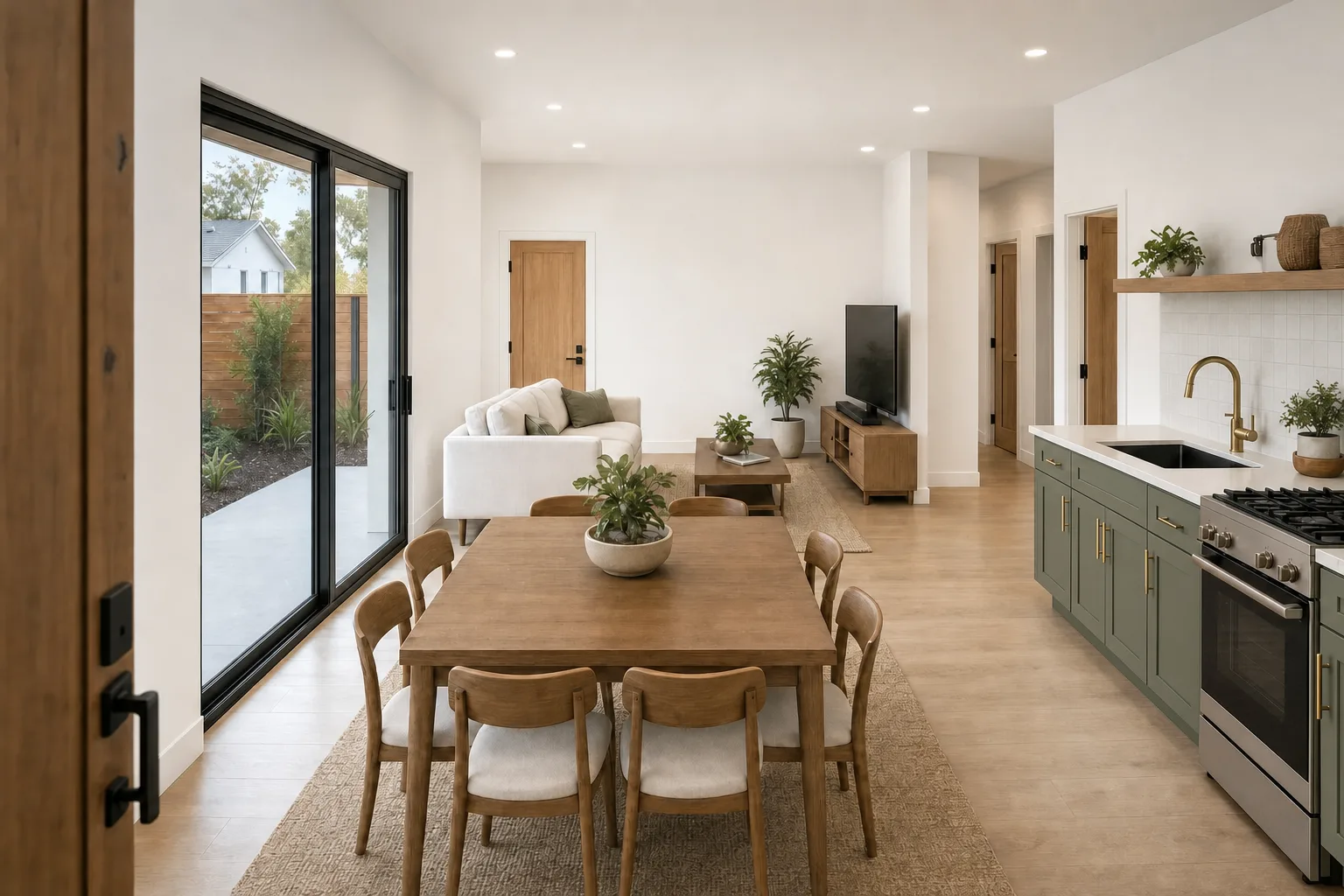 The 600, kitchen and living in sage green (design concept rendering)