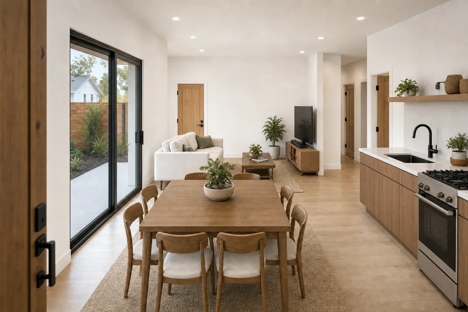 The 600, kitchen and living in walnut (design concept rendering)
