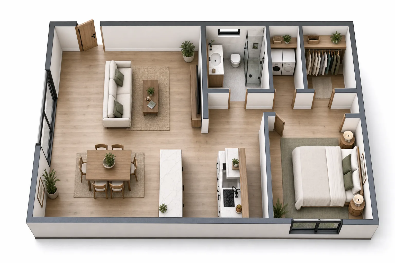 The 600, One bedroom: 3D cutaway floor plan with furniture (design concept rendering)
