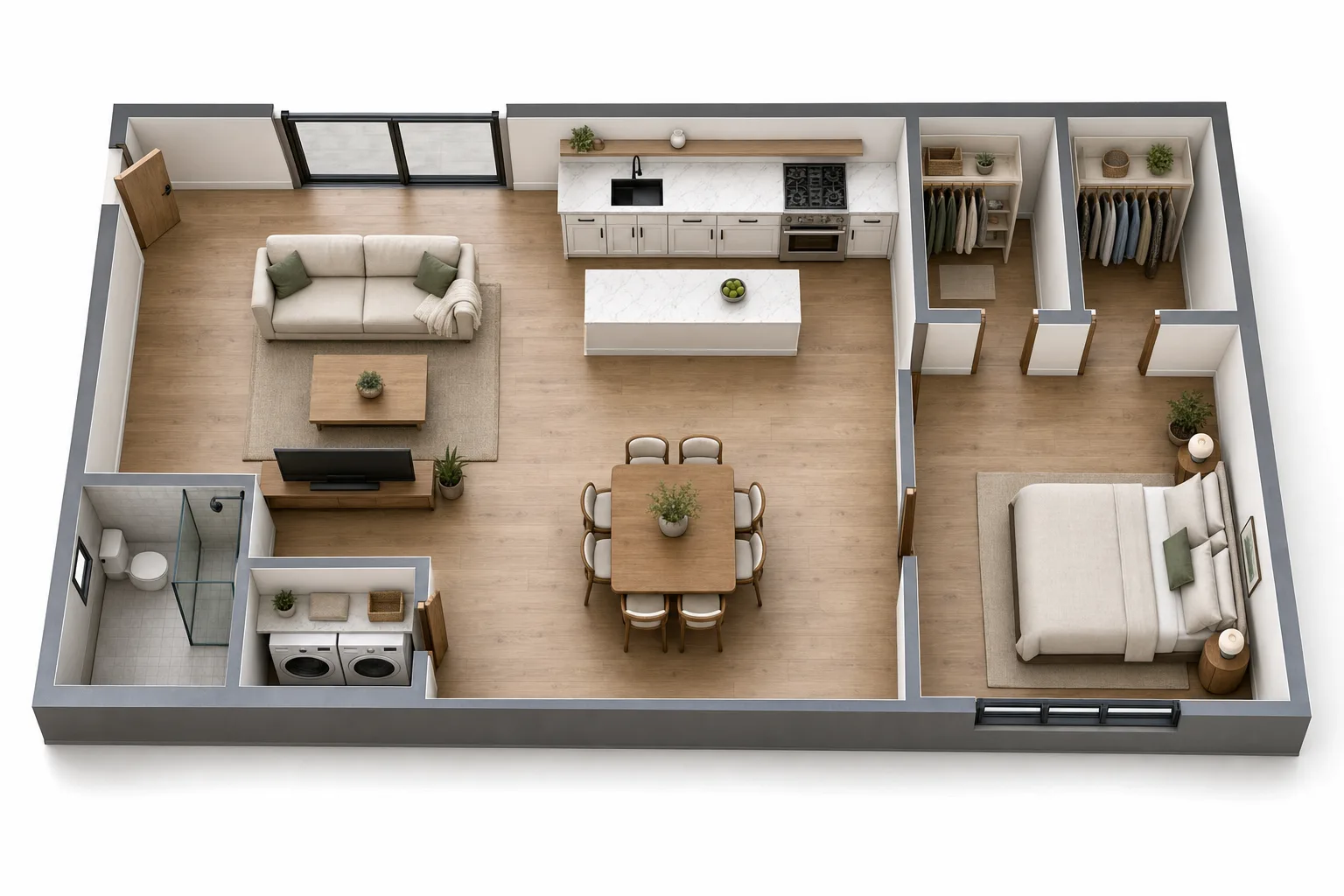 The 600, One bedroom, 20 ft wide: 3D cutaway floor plan with furniture (design concept rendering)
