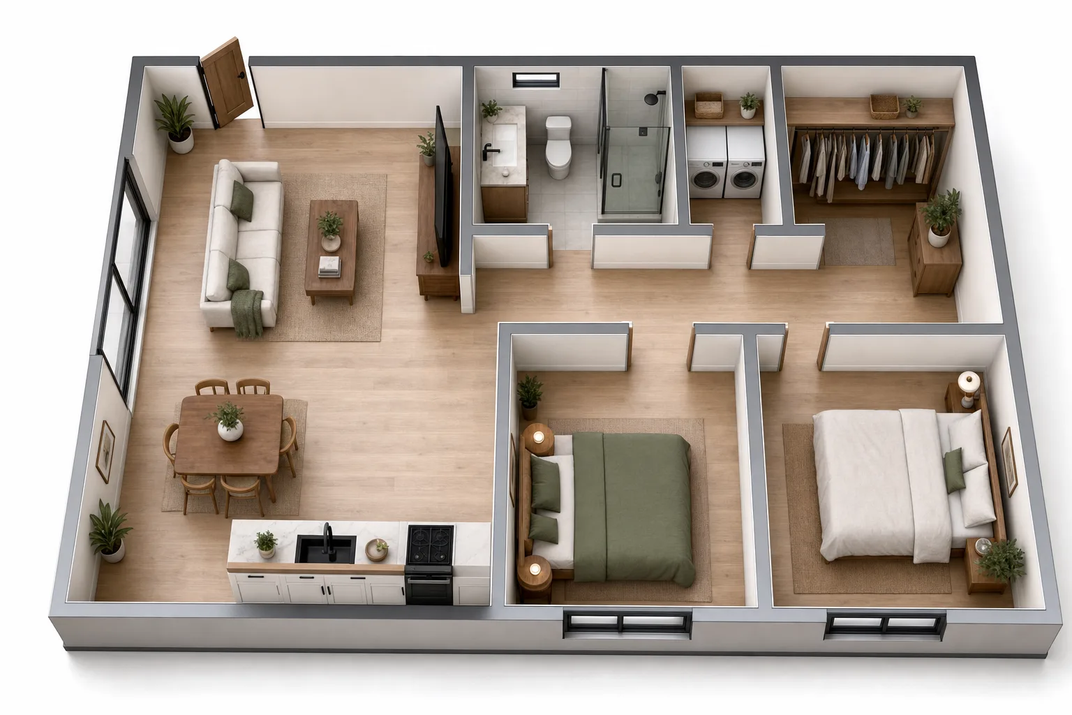 The 600, Two bedroom: 3D cutaway floor plan with furniture (design concept rendering)
