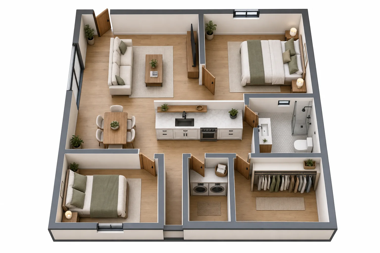 The 600, Two bedroom, 24 ft wide: 3D cutaway floor plan with furniture (design concept rendering)