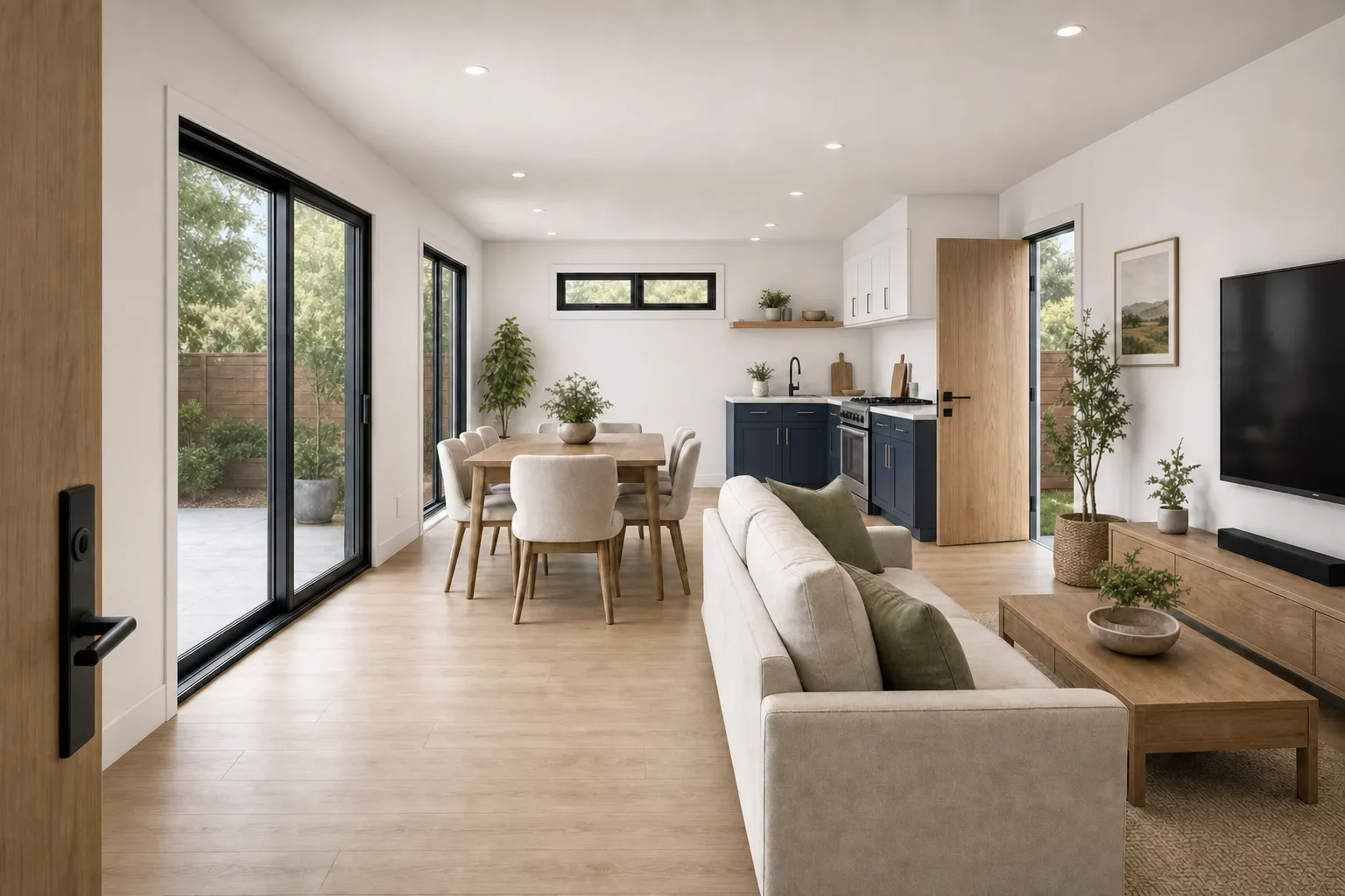 The 800, kitchen and living in navy & white (design concept rendering)