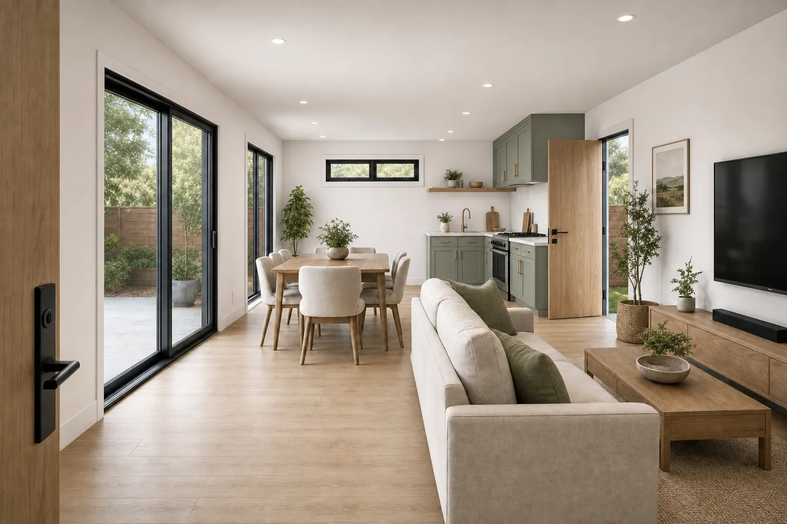 The 800, kitchen and living in sage green (design concept rendering)