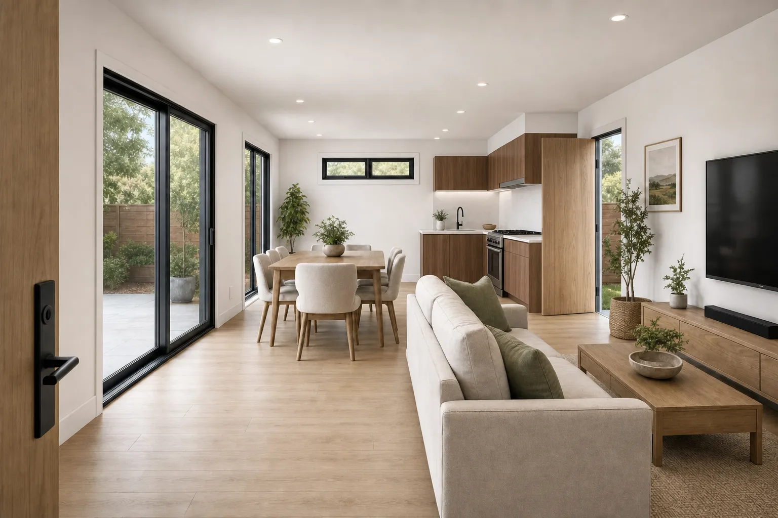 The 800, kitchen and living in walnut (design concept rendering)
