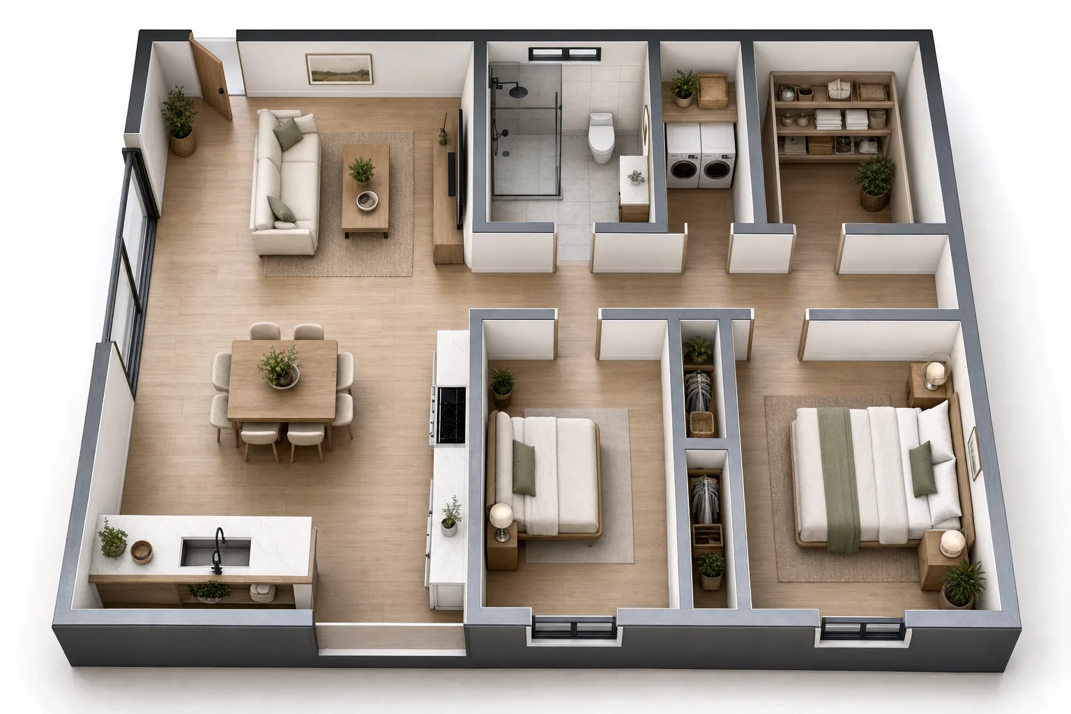 The 800, Two bed, one bath: 3D cutaway floor plan with furniture (design concept rendering)