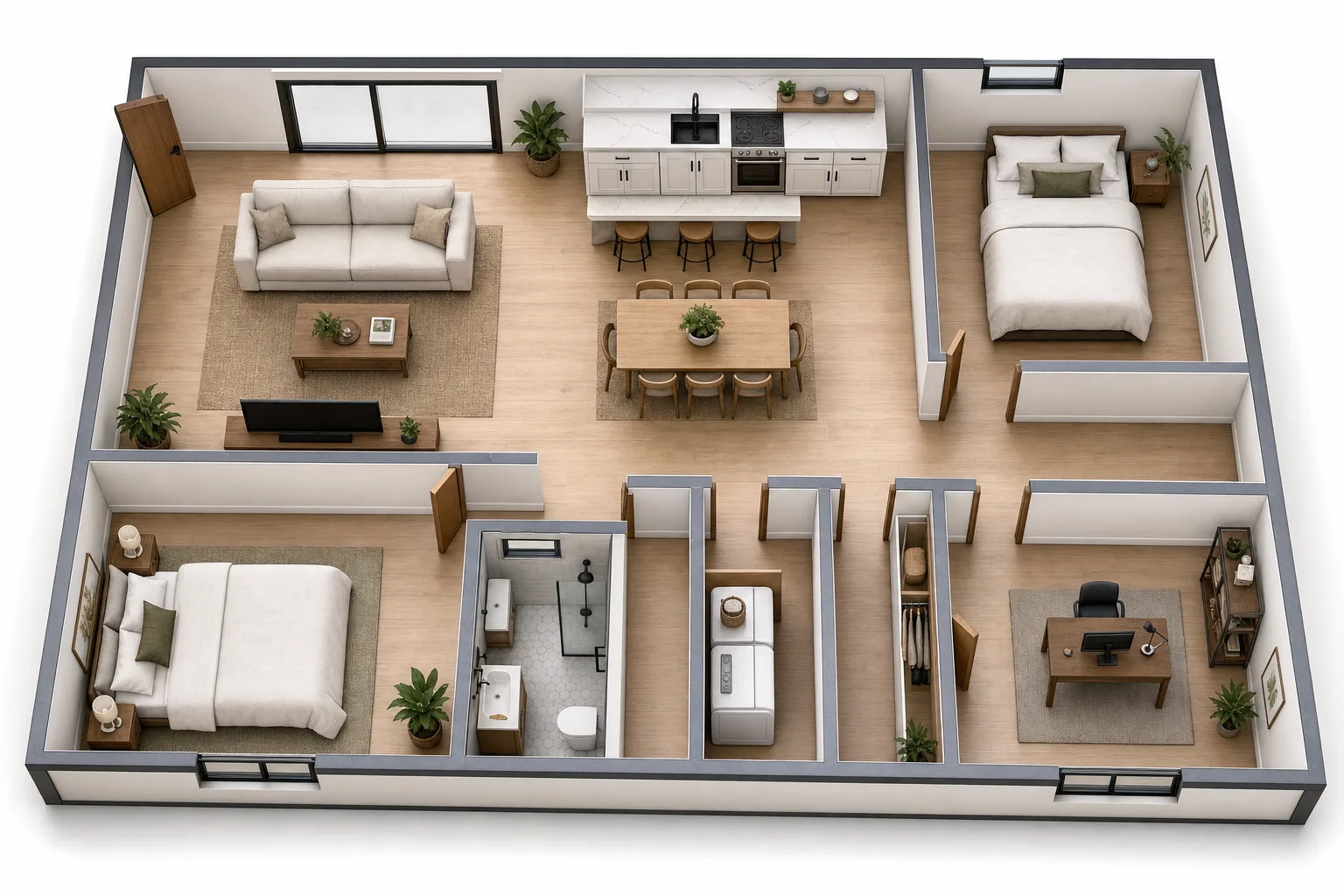 The 800, Two bed, one bath + office, 25 ft wide: 3D cutaway floor plan with furniture (design concept rendering)
