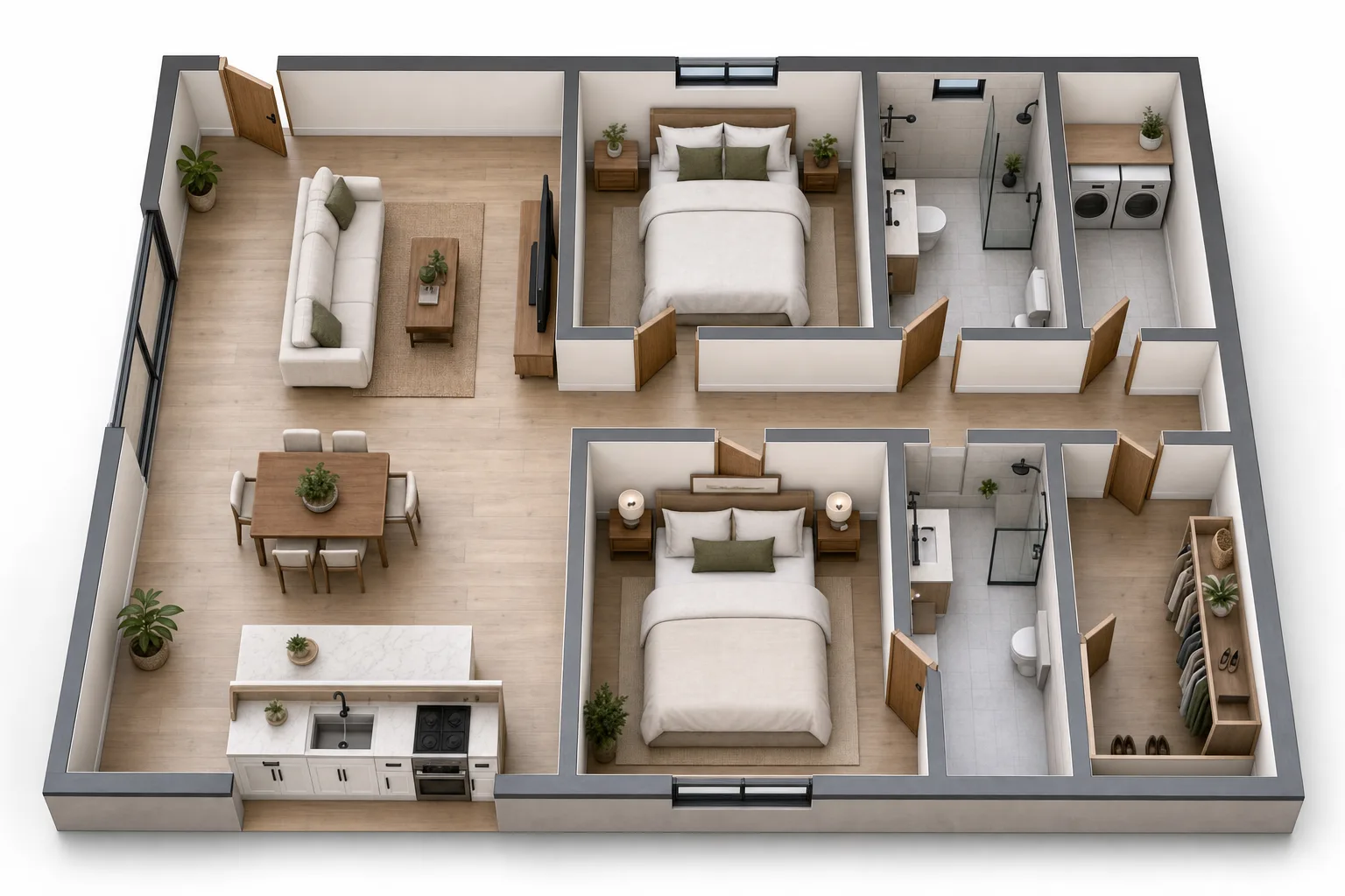 The 800, Two bed, two bath: 3D cutaway floor plan with furniture (design concept rendering)