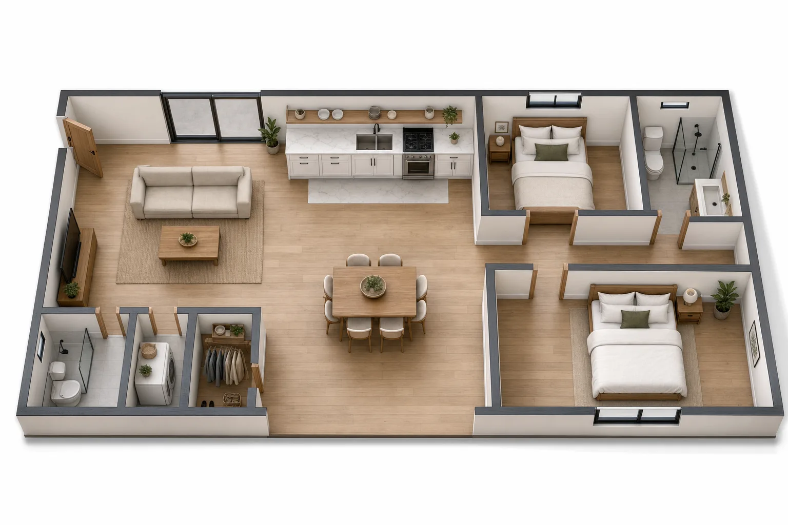 The 800, Two bed, two bath, 20 ft wide: 3D cutaway floor plan with furniture (design concept rendering)