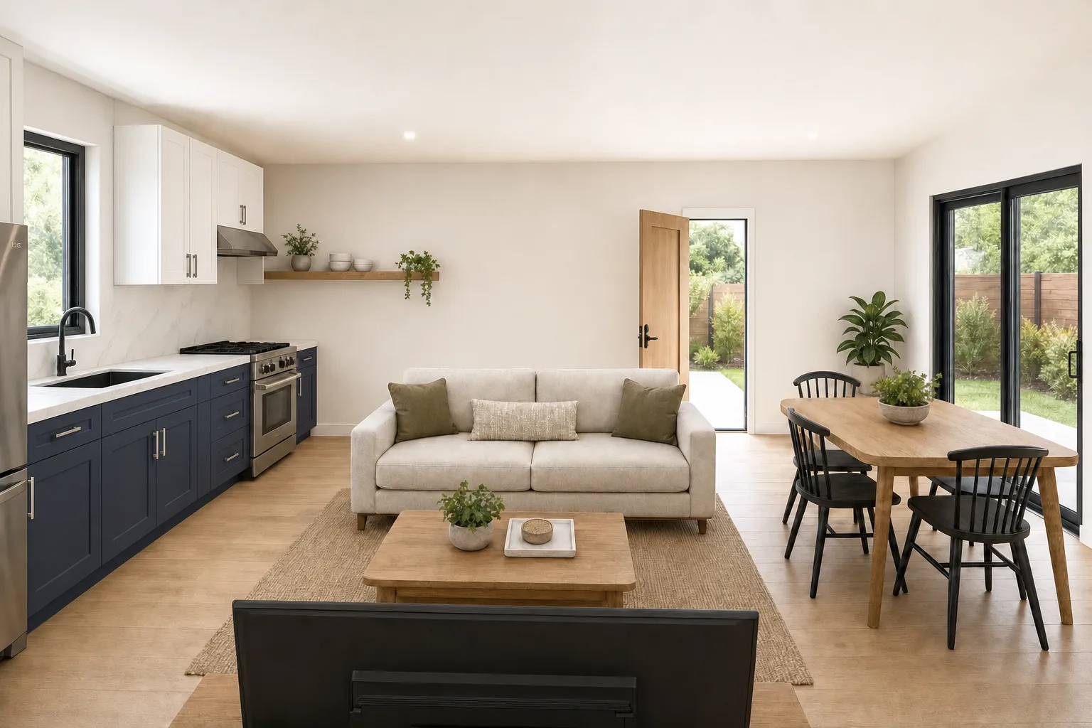 Garage Conversion, kitchen and living in navy & white (design concept rendering)